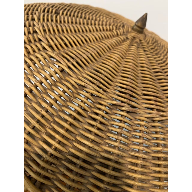 Khaki Early 20th Century Arts & Crafts Heywood-Wakefield Antique Wicker Table Lamp W/ Silk Underlay on Mushroom Shaped Shade For Sale - Image 8 of 12