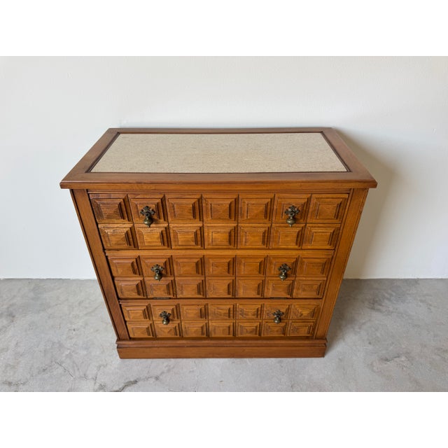 Mid-Century Modern 1970’s Vintage Paneled Front Wood Small Bar Cabinet With Marble Top For Sale - Image 3 of 12