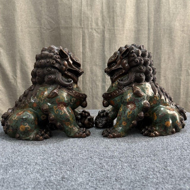Late 20th Century Pair of Large Chinese Cloisonné Enamel Buddhist Lion Statues For Sale - Image 5 of 9