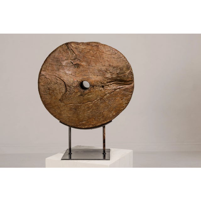 19th Century Ancient Rustic Cart Wheel Mounted on Black Lacquer Base, Weathered Patina For Sale - Image 5 of 12