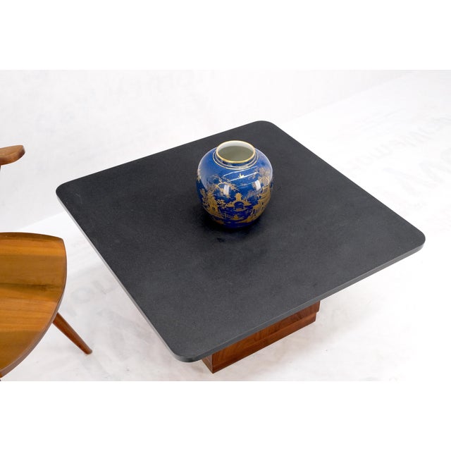 Cube Shape Oiled Walnut Pedestal Base Square Slate Too Coffee Center Table For Sale - Image 6 of 11