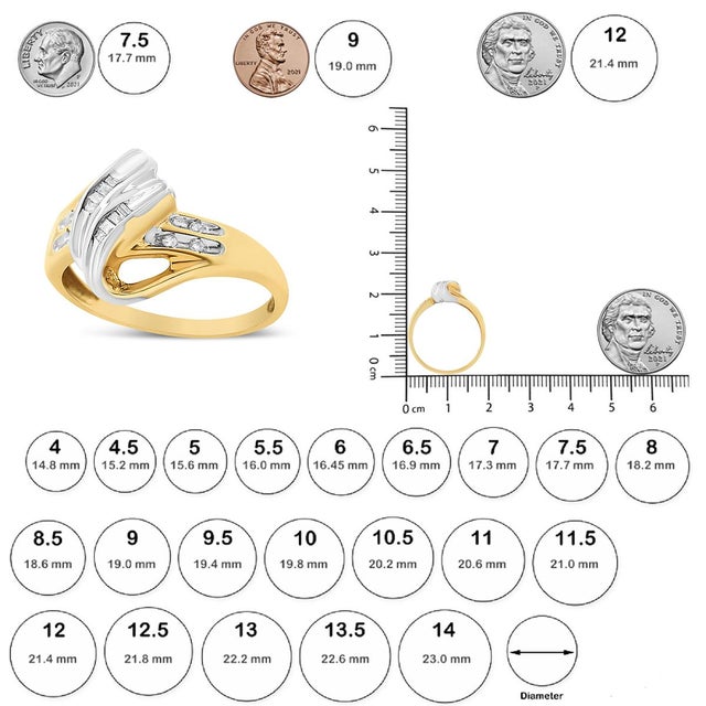 10K Yellow and White Gold 1/10 Cttw Baguette and Round-Cut Diamond Bypass Ring (I2 Color, H-I Clarity) - Size 7 For Sale In New York - Image 6 of 6