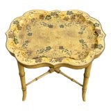Mid 20th C. Hand Painted Mustard Yellow Tole Serving Tray on Fitted Faux Bamboo X Base Stand For Sale