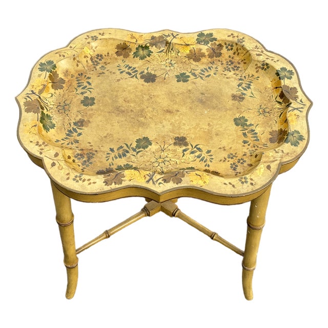 Mid 20th C. Hand Painted Mustard Yellow Tole Serving Tray on Fitted Faux Bamboo X Base Stand For Sale