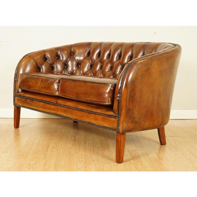 Brown Whiskey Brown Hand-Dyed Leather 2-Seater Sofa, 1940s For Sale - Image 8 of 12