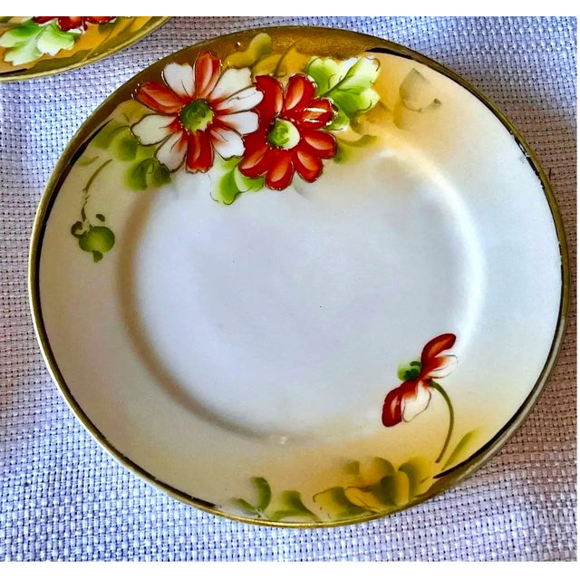Asian Antique 1900s Hand Painted Plates With Bright Poppies - Set of 5 For Sale - Image 3 of 8