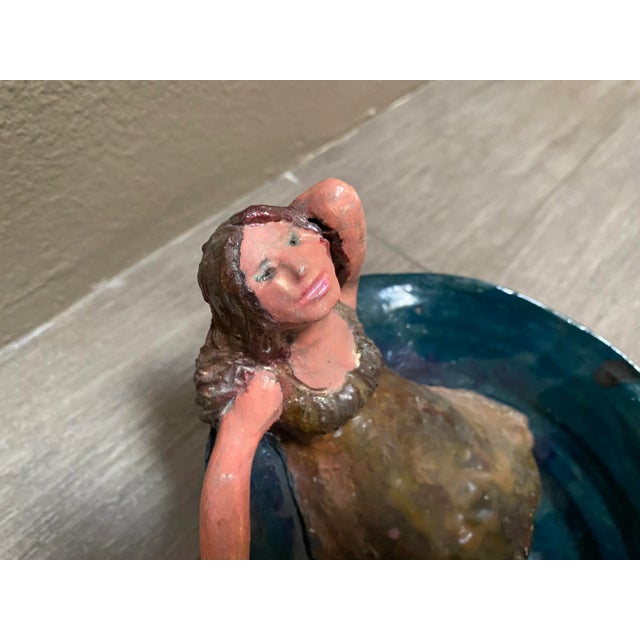 Blue Pottery Bowl With Reclining Girl in a Dress For Sale - Image 4 of 5