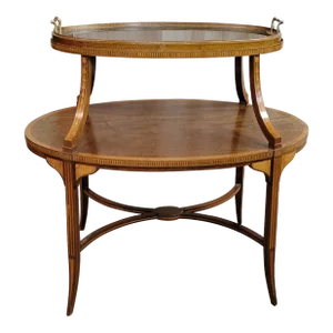 Early 20th Century English Mahogany & Satinwood Inlaid 2 Tier Etagere Tray Top Table