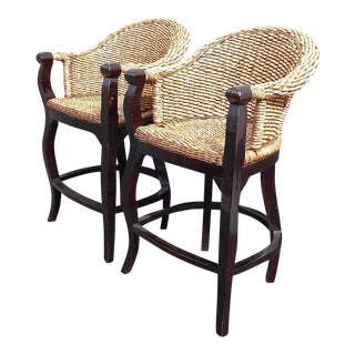 Tiki Palm Beach Style Woven Wicker Bar Stools - A Pair For Sale
