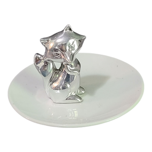 Vintage Sly Whimsical Silver Fox White Porcelain Trinket Jewelry Holder Dish