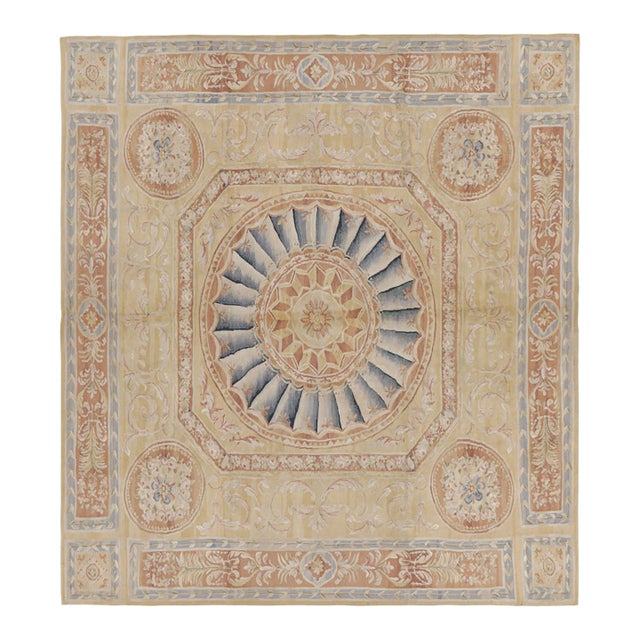 Rug & Kilim's Oversized Aubusson Style Rug in Gold & Beige With Floral Medallion For Sale