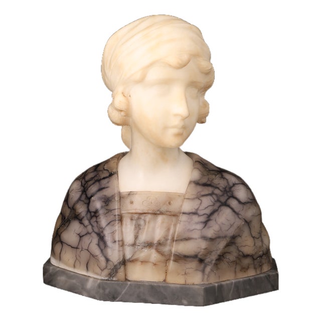 Gustave Van Vaerenbergh, Bust of a Young Girl, 1900s, Alabaster and Marble Sculpture For Sale