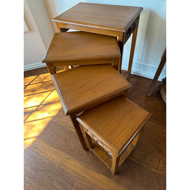 Asian Carved Nesting Side Tables Set of 4 1960s For Sale - Image 12 of 12
