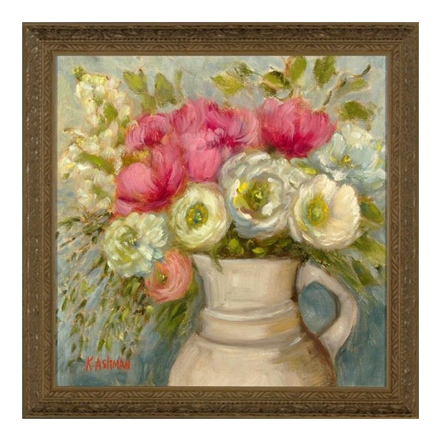 Original Oil Painting, Peonies in Pink, in Antique Pitcher, 12 X 12 Framed to 14 X 14 For Sale