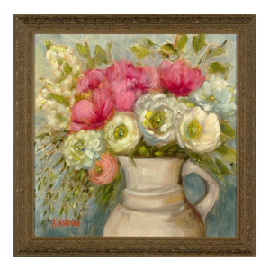 Original Oil Painting, Peonies in Pink, in Antique Pitcher, 12 X 12 Framed to 14 X 14