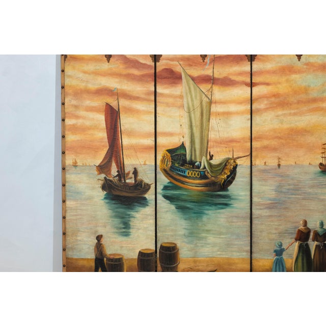 Vintage Venetian Scene Four-Panel Folding Screen with Nautical Motifs For Sale - Image 9 of 12