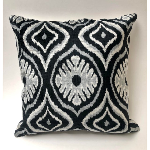 Mediterranean Black Silver Silk Velvet Ikat Pillow For Sale - Image 3 of 3