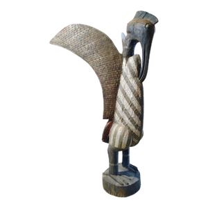Vintage Huge African Wood & Brass Sculpture of Senufo Bird Statue Cote d'Ivoire 82" H