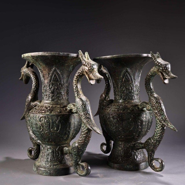 Chinese Pair of Chinese Archaistic Bronze Vases With Dragon Handles For Sale - Image 3 of 10