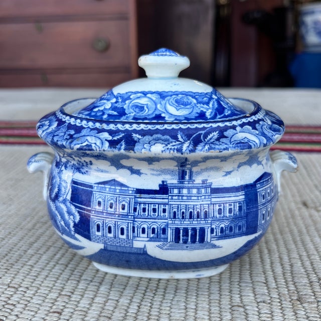 Antique Historical Blue Staffordshire Sugar Bowl, City Hall New York by Stubbs, Circa 1820 For Sale - Image 12 of 12