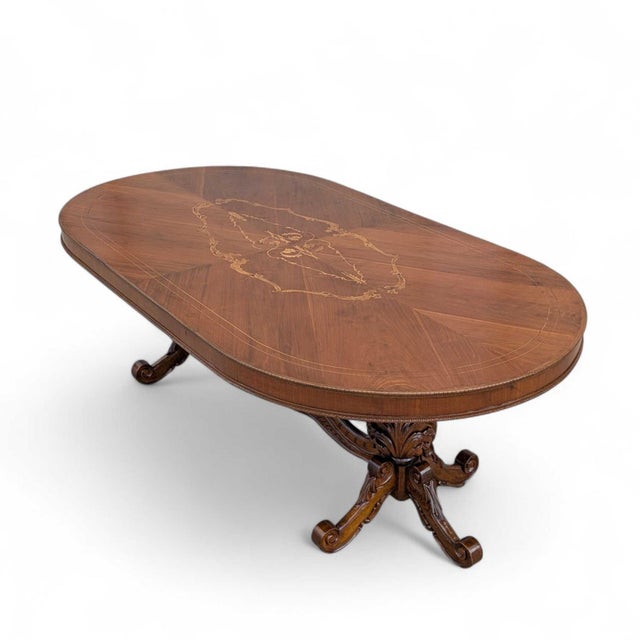 Antique Renaissance Revival Marquetry Walnut Oval Dining Table, Late 19th Century For Sale - Image 15 of 18