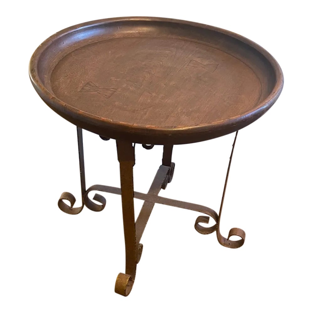 Late 20th Century Round Oak Wrought Iron Accent Table Chairish