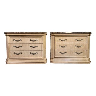 Vintage Bernhardt Neoclassical Revival Marble Top 3-Drawer Nightstands, Pair For Sale