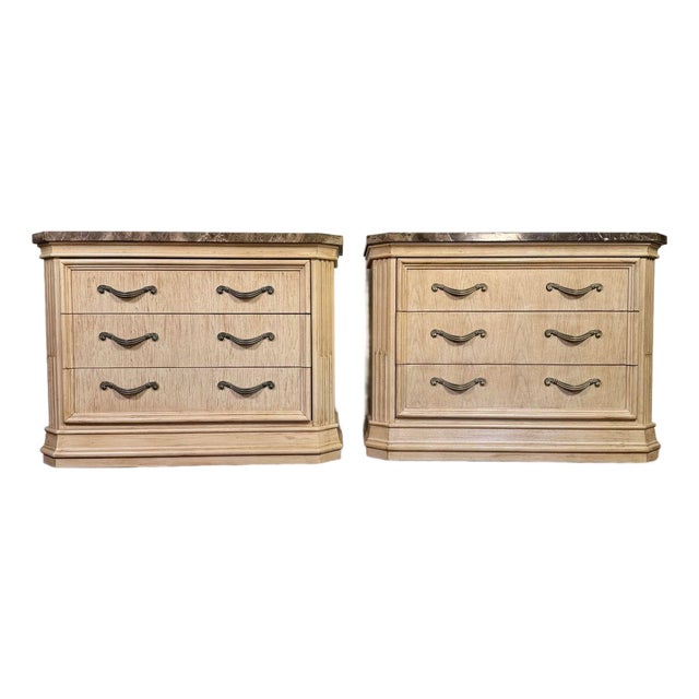 Vintage Bernhardt Neoclassical Revival Marble Top 3-Drawer Nightstands, Pair For Sale