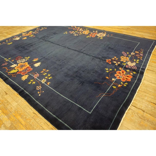 1920s Navy Field Floral Antique Chinese Art Deco Carpet 9' X 11'4" Knotted Rug For Sale - Image 4 of 9