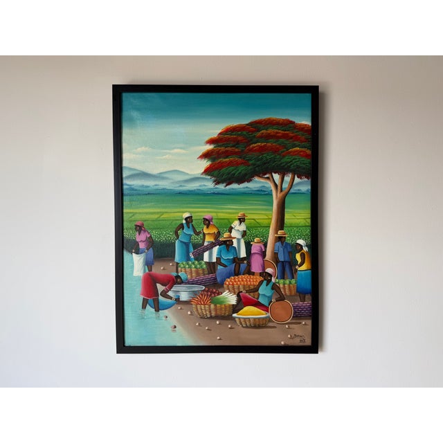 Folk Art Vintage Barnes Folk Art Market Scene Oil on Canvas Painting – Framed For Sale - Image 3 of 14