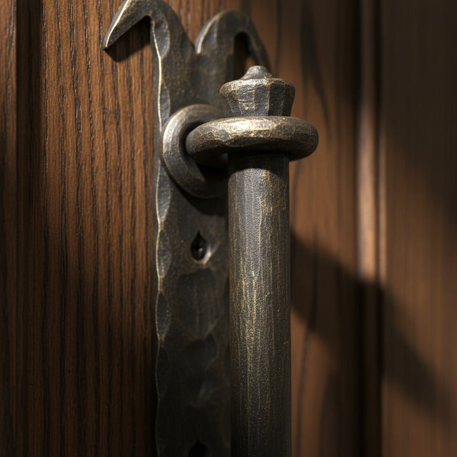 Rustic Hand Forged Wrought Iron Door Pull Handle Gold Patina Classical Architectural Hardware For Sale - Image 3 of 8