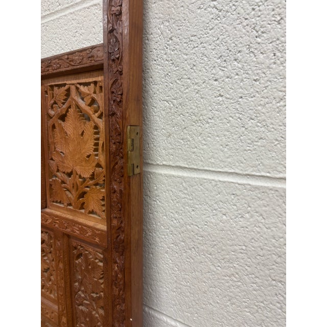 Brown Vintage Hand Carved Two Panel Teak Room Divider Folding Screen For Sale - Image 8 of 14
