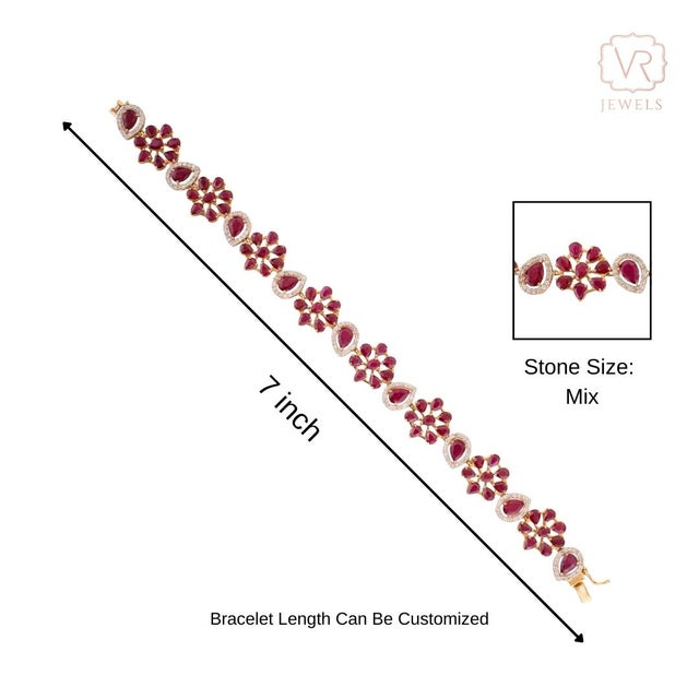 12.37 CTW Pear Cut Floral Pure Red Ruby & Diamond Bracelet in 14k Yellow Gold For Sale - Image 9 of 13