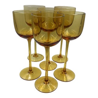 Vintage Carlo Moretti Italy Amber Tall Wine Glasses Goblets - Set of 6 For Sale