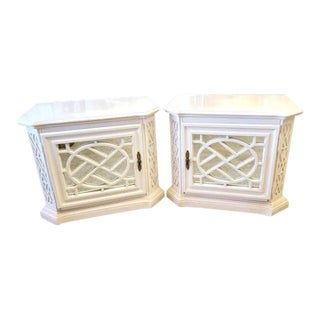 1960s Hollywood Regency Chippendale Fretwork Mirrored Nightstands - Set of 2 For Sale