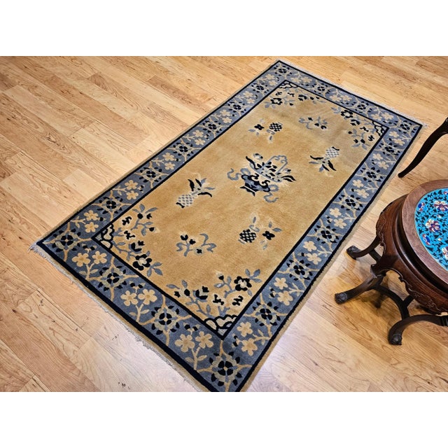 Vintage Chinese Art Deco Rug, Hand-Knotted Wool, Tan & Blue, 1900s For Sale - Image 12 of 12