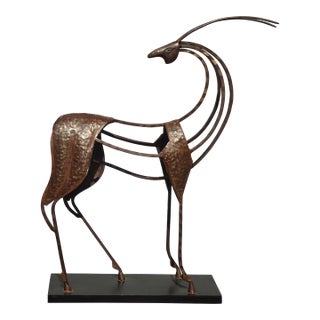 34"Tall ~ Statuesque Bronze Color Metal Gazelle Statue on Stand For Sale
