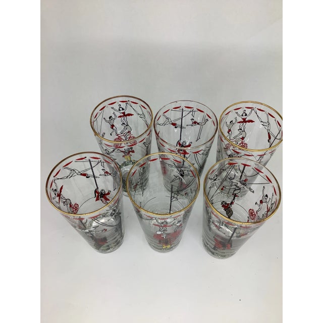 Set of 6 Vintage Libbey Glass Co. Circus-Themed Highball Glasses. Circus decoration in red, black, and white includes...