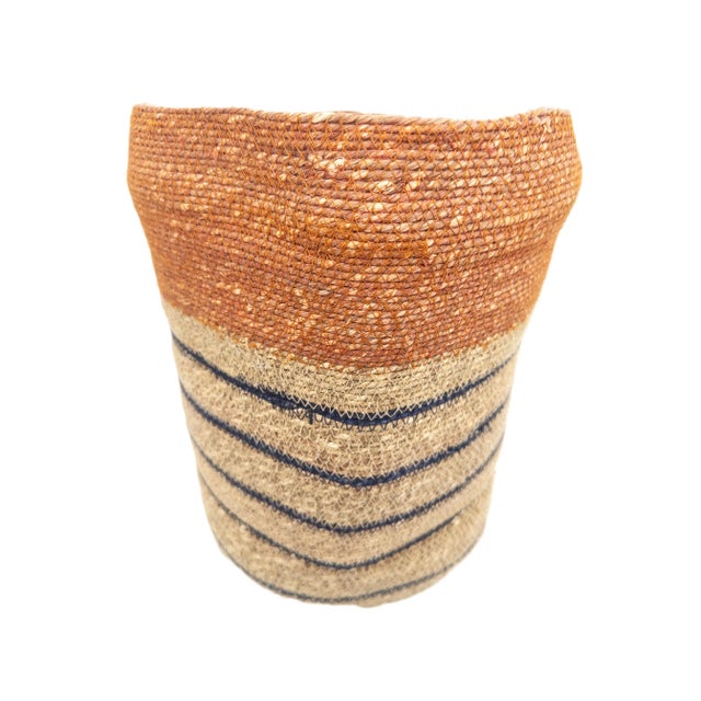Textile Handwoven Indian Seagrass Basket in Terracotta, Natural & Indigo Accents For Sale - Image 7 of 7