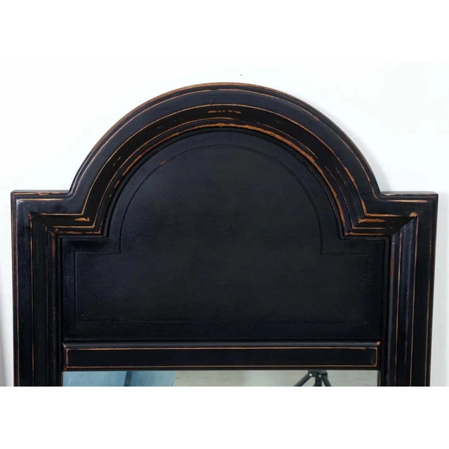 Pair Black Mid Century Mirrors with waxed distressed finish. Circa 1960's. Good overall condition. Ready to hang and use