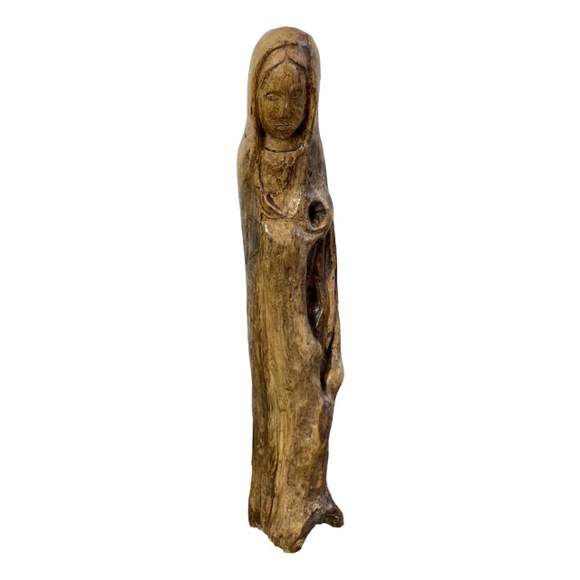 Folk Art Naïve Mary Sculpture in Carved Root Wood, 1800s For Sale