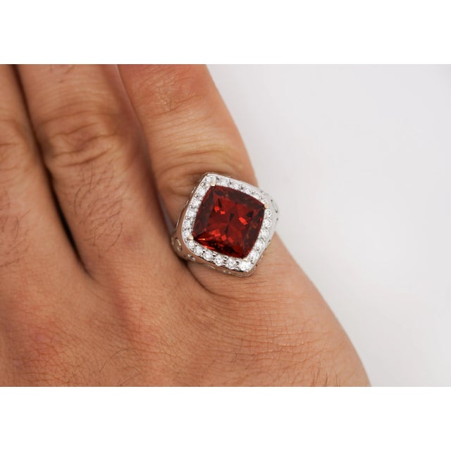 Orange Vintage Gia Certified Orange Spessartine Garnet & Diamond 18k White Gold Ring Size 6.5 For Sale - Image 8 of 9