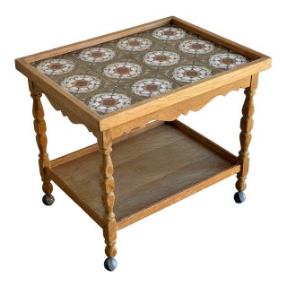 Oak Tile Top Rolling Bar Cart Serving Tea Table in Style of Henning Kjaernulf Denmark Mid-Century 1970s For Sale