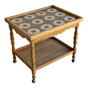 Oak Tile Top Rolling Bar Cart Serving Tea Table in Style of Henning Kjaernulf Denmark Mid-Century 1970s