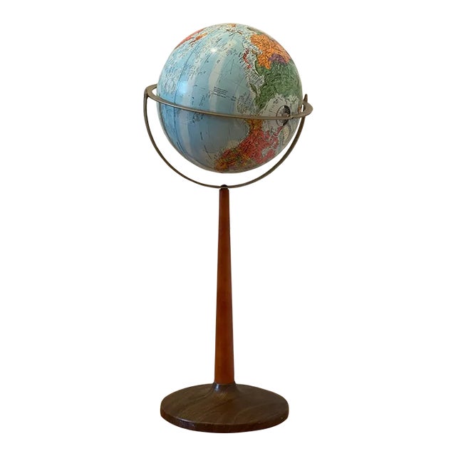 Vintage Mid Century Modern Globe With Wooden Stand For Sale