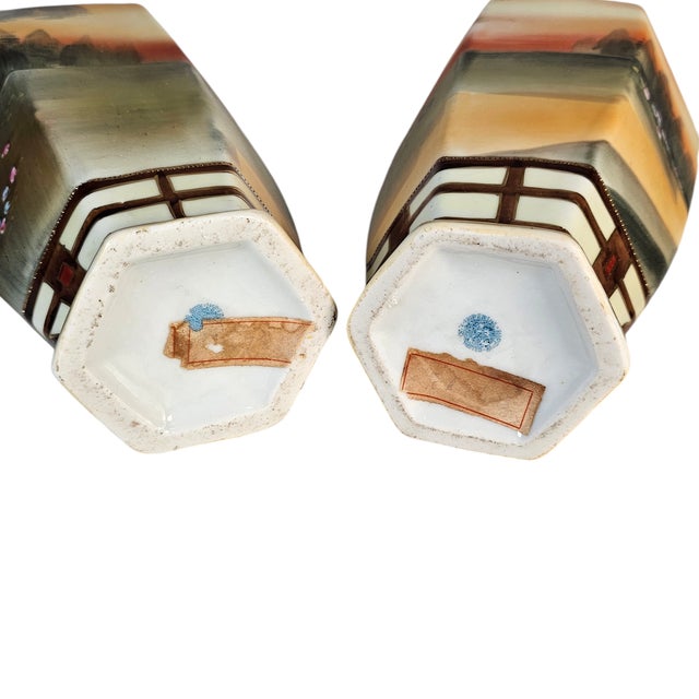 Ceramic Imperial Nippon Hand Painted Butterfly Vases Pair 9.5" For Sale - Image 7 of 11