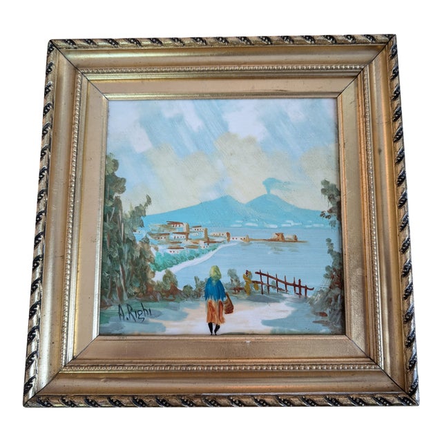 1950s Mid-Century Italian Landscape, Ceramic Tile Painting, Framed For Sale