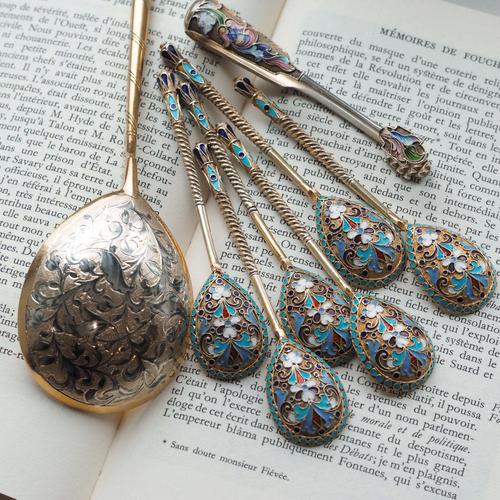 Antique Russian Silver Enamel Cloisonne Sugar Tongs by Maria Semenova, 1900s For Sale - Image 6 of 15