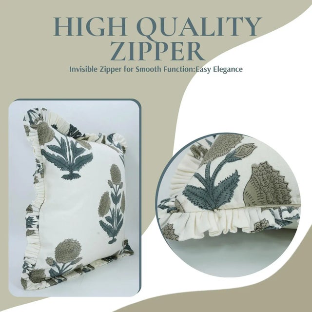 Art Deco Fabdivine Artistic Block Print Frill Pillow Cover 26x26 Inch Thick Cotton White- Badshah For Sale - Image 3 of 5