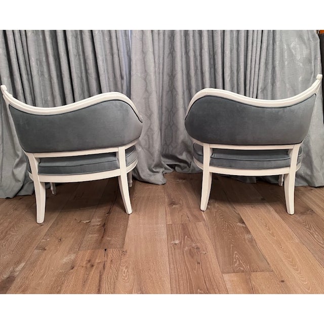 Kim Salmela Atelier Hand Carved Vintage Slipper Chairs Light Blue Velvet Cushion/Tufting For Sale - Image 4 of 8